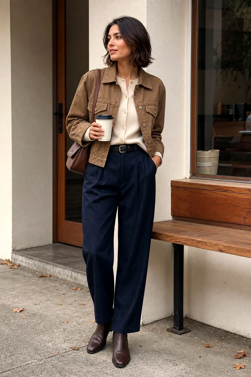 Woman wearing a cream cardigan, dark indigo pleated trousers, camel cropped denim jacket, brown Chelsea boots, shoulder bag, and black belt.