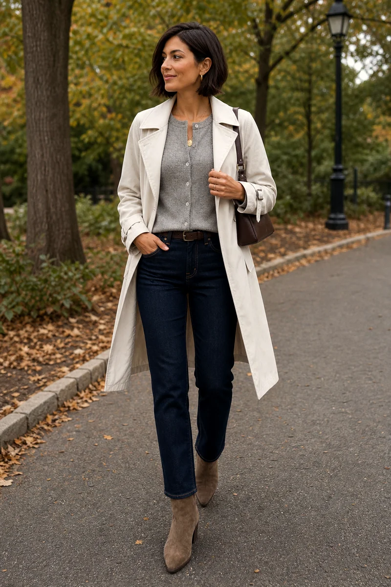 Woman wearing a grey cardigan, dark indigo jeans, white trench coat, taupe suede ankle boots, brown shoulder bag, and pendant necklace.
