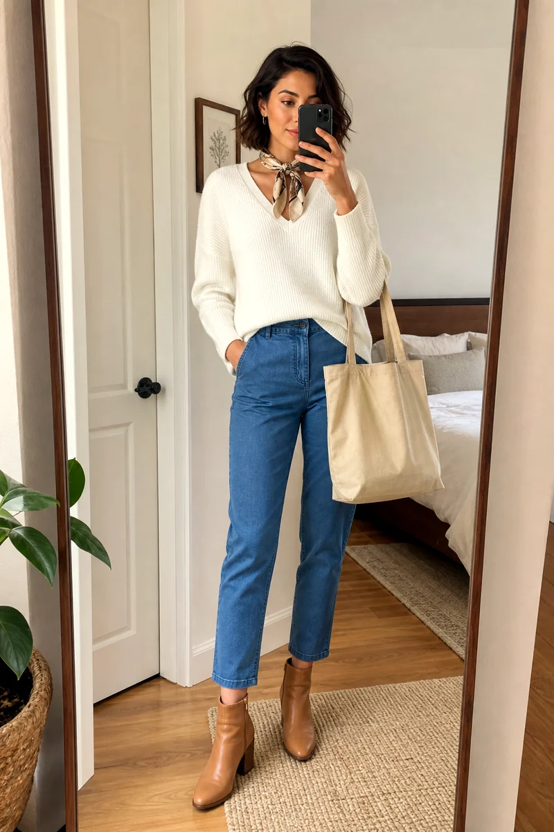 Woman wearing a white V-neck sweater, blue ankle trousers, tan ankle boots, beige tote, and a silk scarf in a fall outfit.