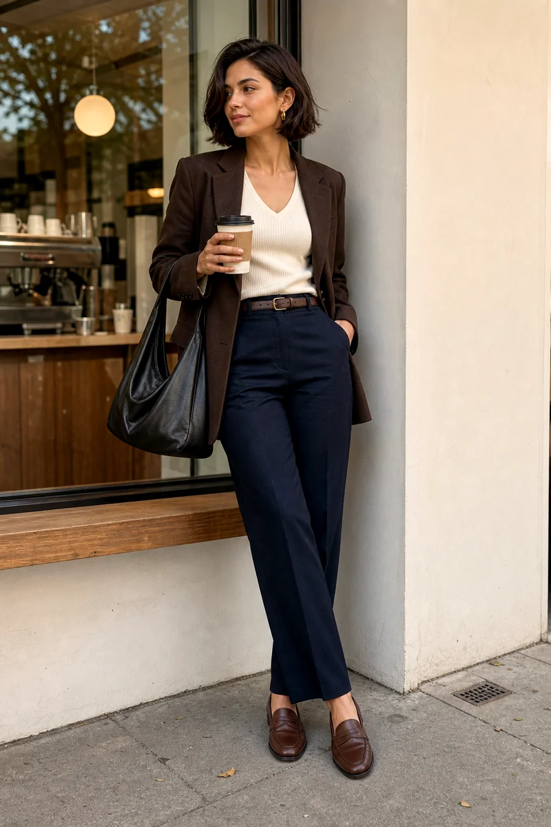 Woman wearing a cream ribbed T-shirt, dark indigo tailored trousers, brown blazer, leather loafers, and black hobo bag.