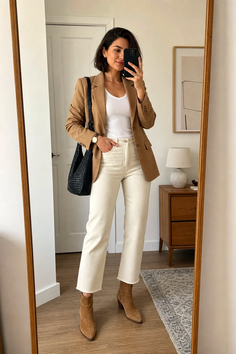 Woman wearing a white ribbed T-shirt, ecru straight-leg jeans, camel blazer, tan suede ankle boots, and black shoulder bag.
