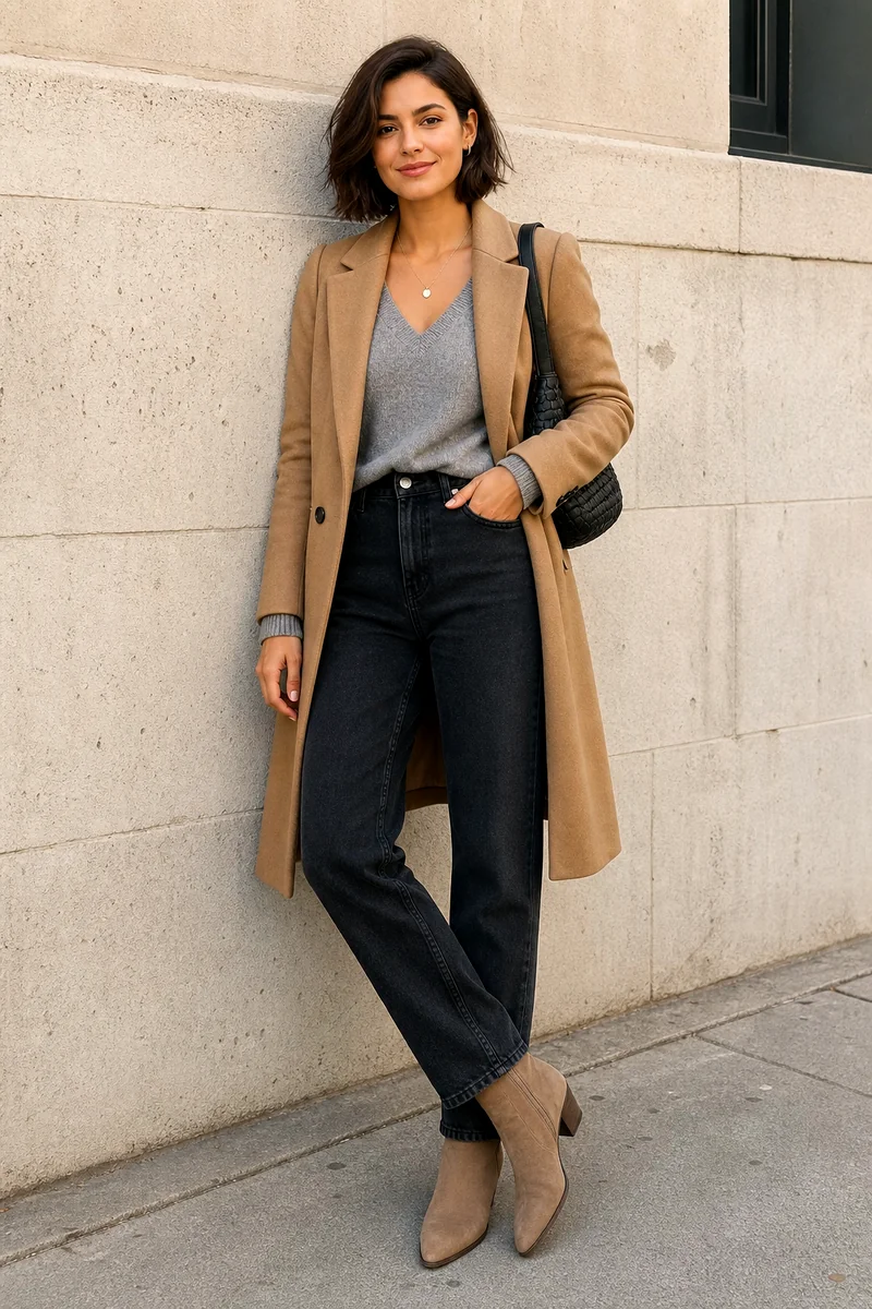 Woman wearing a grey V-neck sweater, washed black straight-leg jeans, camel coat, taupe suede boots, and black shoulder bag.