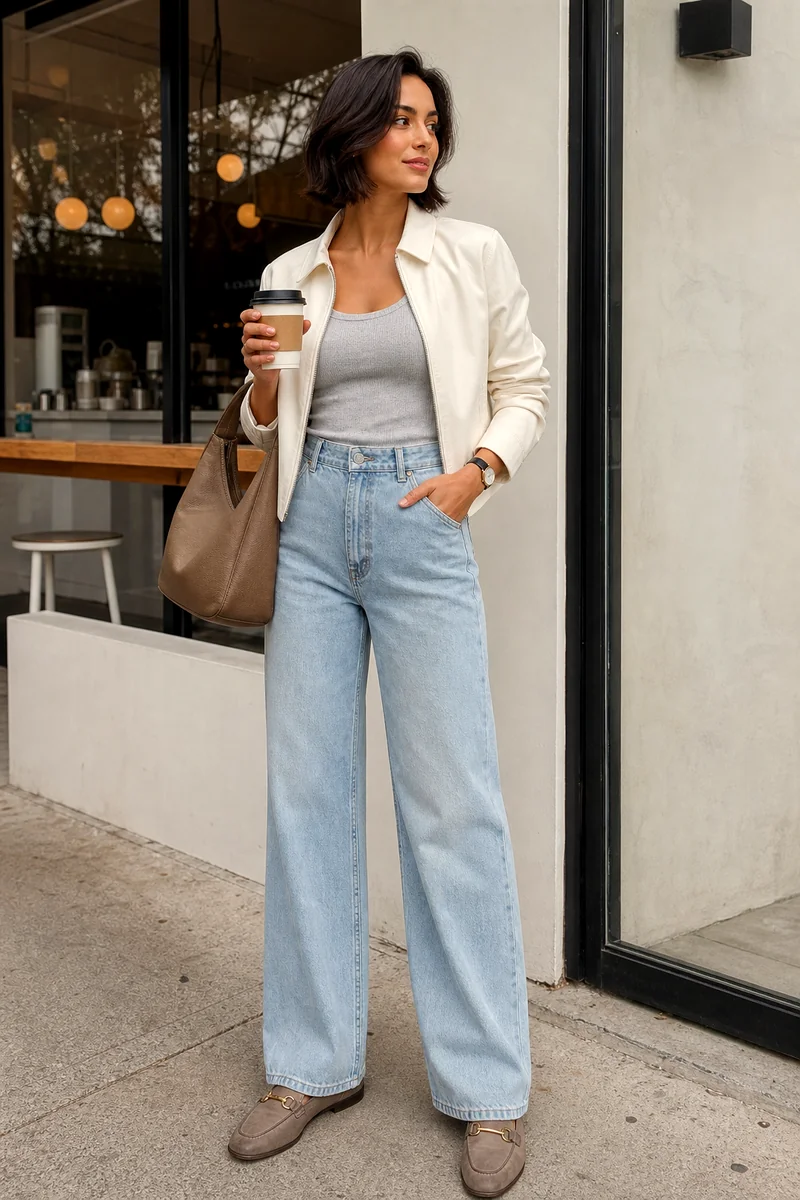 Woman wearing a grey ribbed T-shirt, light blue wide-leg trousers, white leather jacket, taupe loafers, and a brown hobo bag.