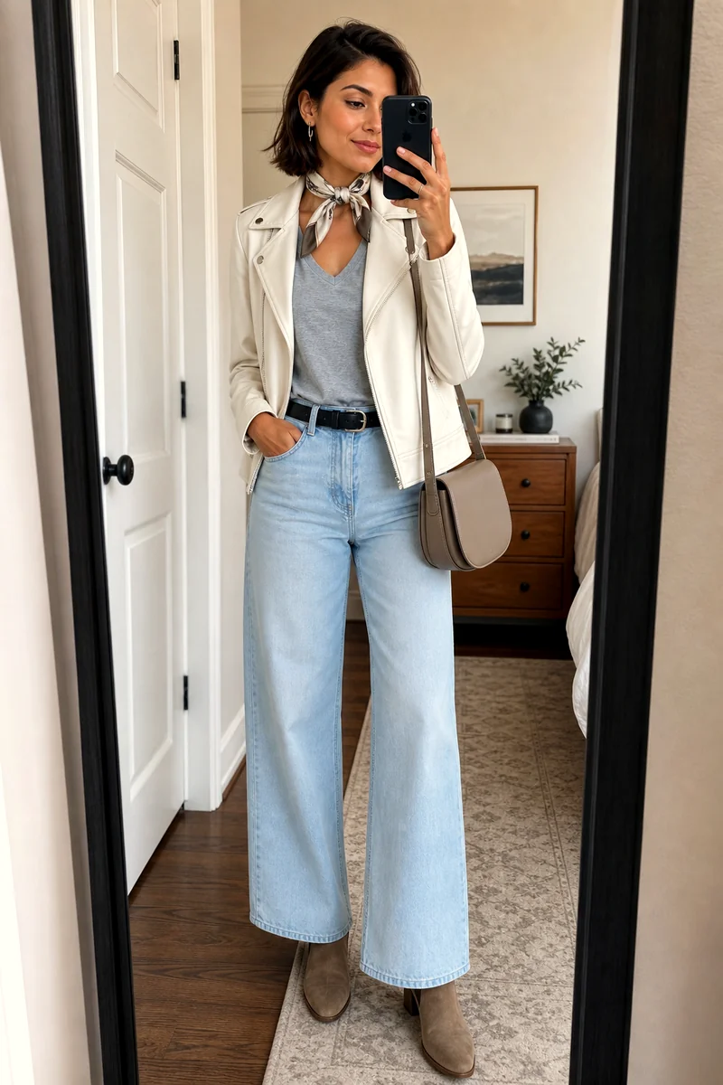 Woman wearing a grey V-neck T-shirt, light blue wide-leg trousers, white leather jacket, taupe Chelsea boots, and crossbody bag.