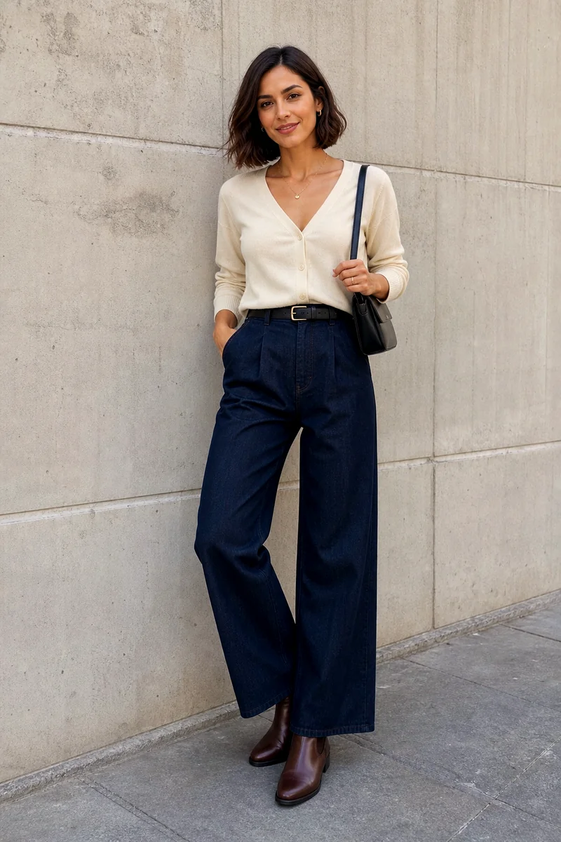 Woman wearing a cream V-neck cardigan with dark indigo wide-leg trousers, brown Chelsea boots, a black belt, and a shoulder bag.