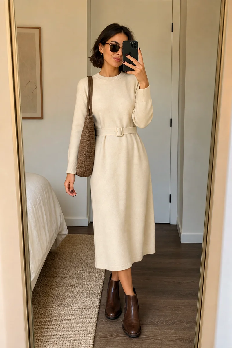 Woman wearing a cream belted wool-blend midi dress with brown Chelsea boots, a taupe shoulder bag, and sunglasses.