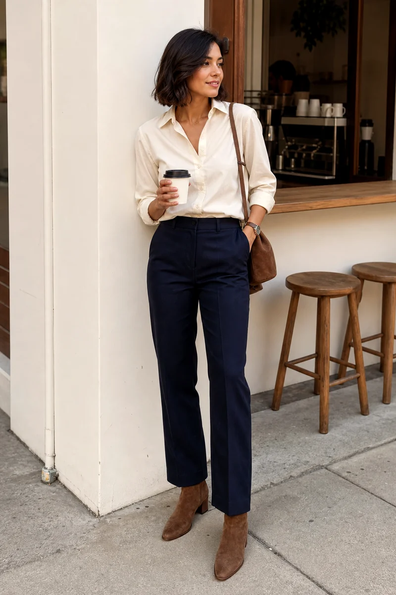 Woman wearing a cream poplin shirt with dark indigo tailored trousers, brown suede ankle boots, a brown shoulder bag, and a wristwatch.