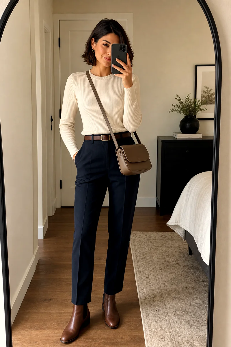 Woman wearing a cream ribbed knit top with dark indigo tailored trousers, brown Chelsea boots, a taupe crossbody bag, belt, and gold hoops.