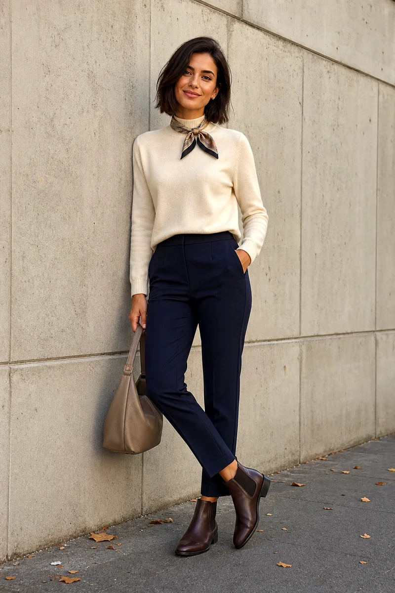 Woman wearing a cream mock-neck sweater, dark indigo cigarette trousers, brown Chelsea boots, taupe hobo bag, and a silk neck scarf.