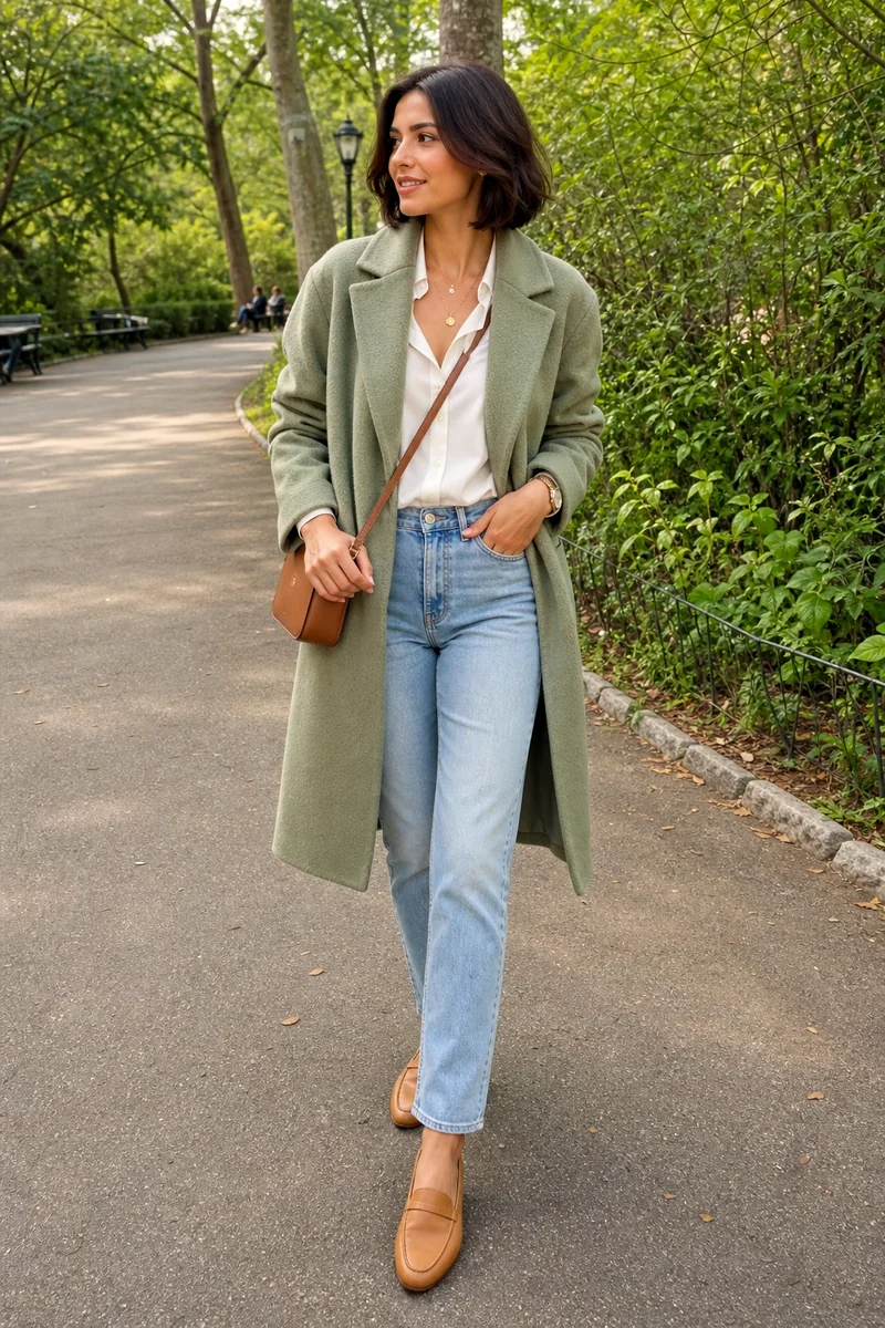 Woman wearing a white shirt, light-wash straight jeans, sage wool coat, tan loafers, and brown crossbody bag.