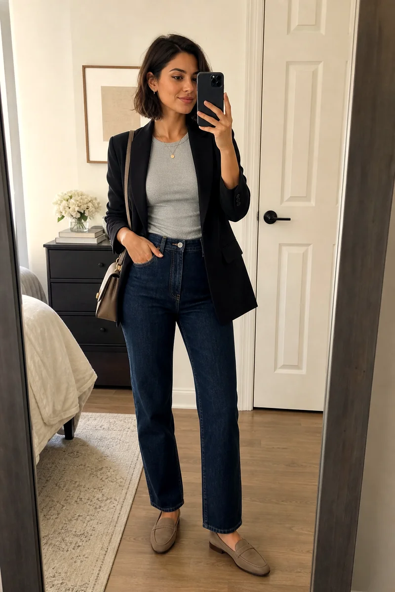 Woman wearing a grey fitted T-shirt, dark straight-leg jeans, black blazer, taupe loafers, and taupe shoulder bag.