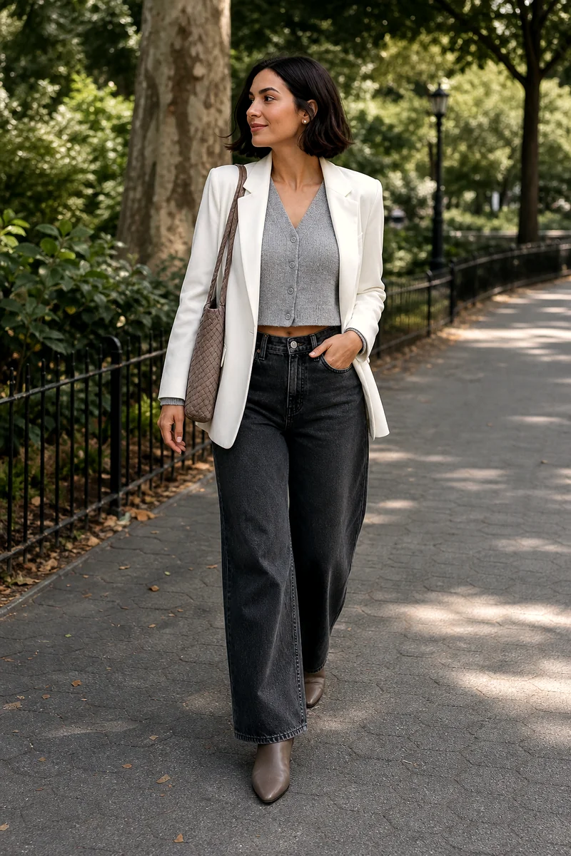 Woman wearing a grey cropped cardigan, white blazer, washed black wide-leg jeans, taupe ankle boots, and a woven shoulder bag.