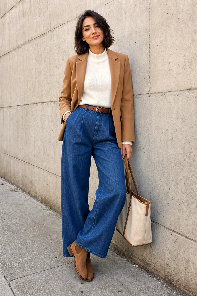 Woman wearing a white mock-neck sweater, blue wide-leg trousers, camel jacket, tan Chelsea boots, and beige tote.