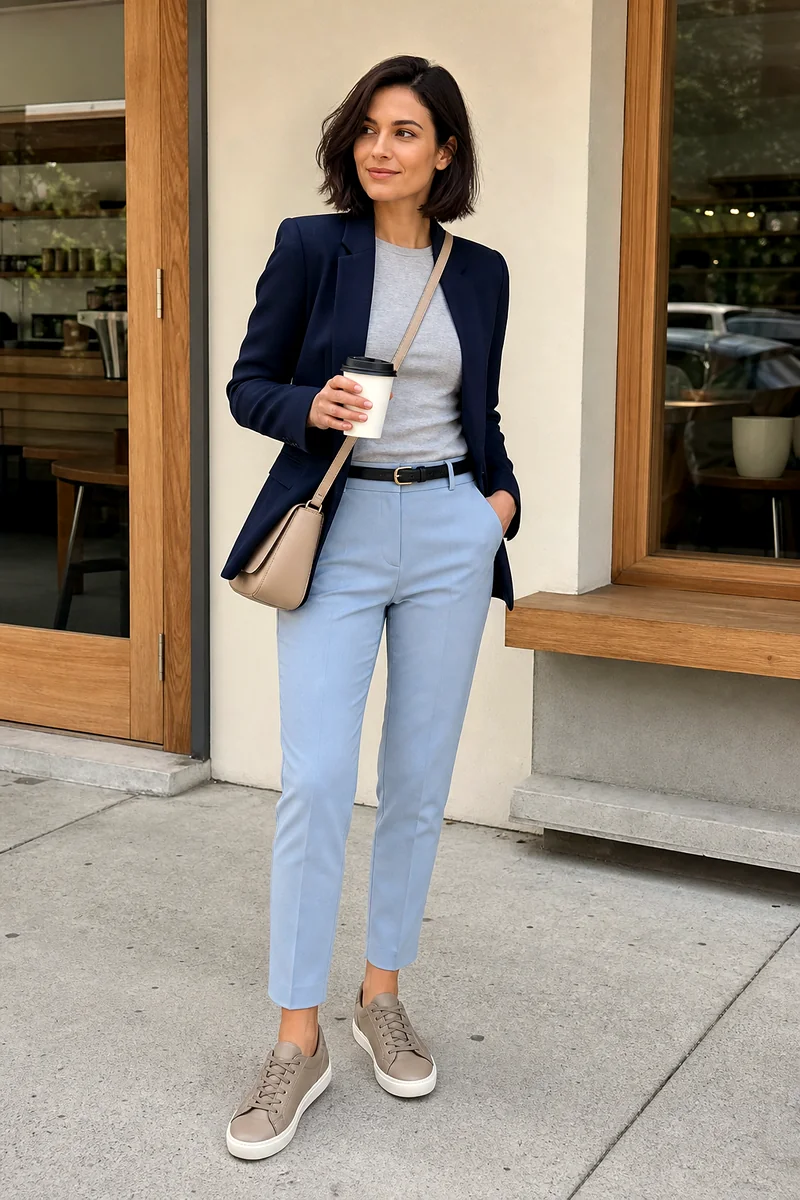 Woman wearing a grey fitted T-shirt, light blue cigarette trousers, navy blazer, taupe leather sneakers, and beige crossbody.