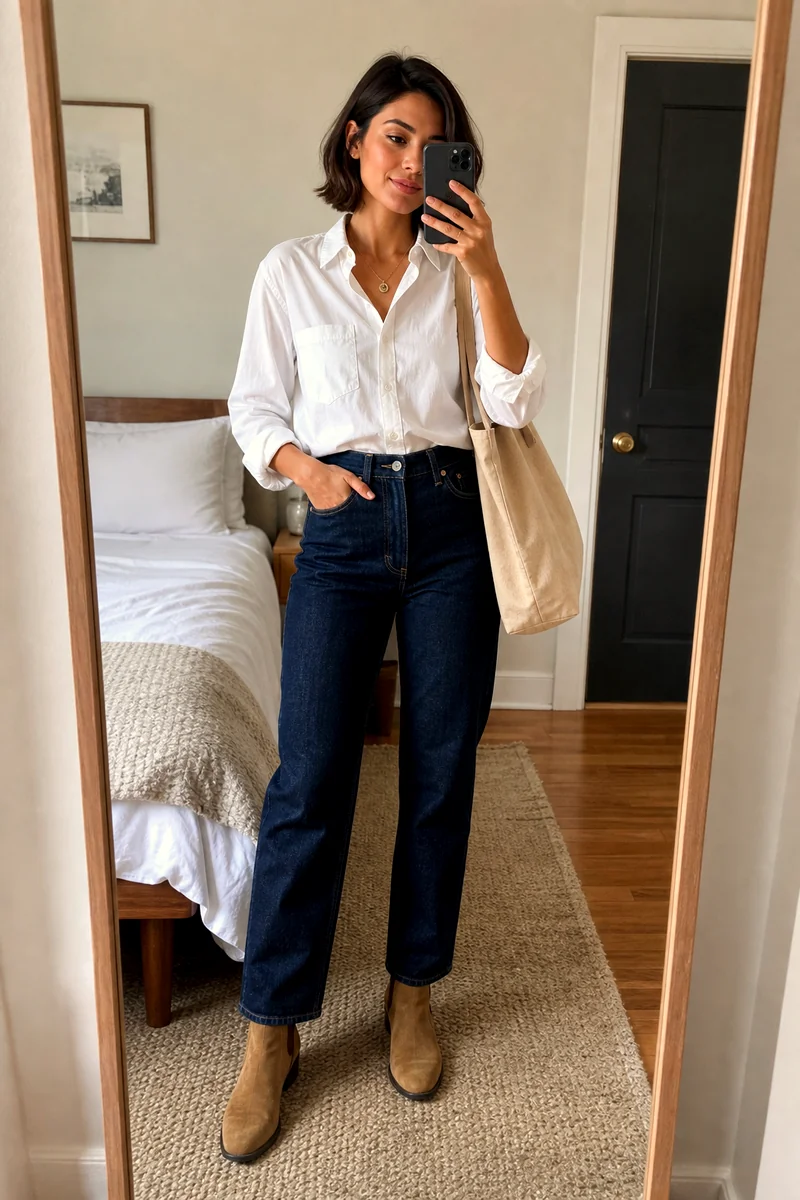 Woman wearing a white linen button-down shirt with dark indigo straight-leg jeans, tan Chelsea boots, a beige canvas tote, and a pendant necklace.