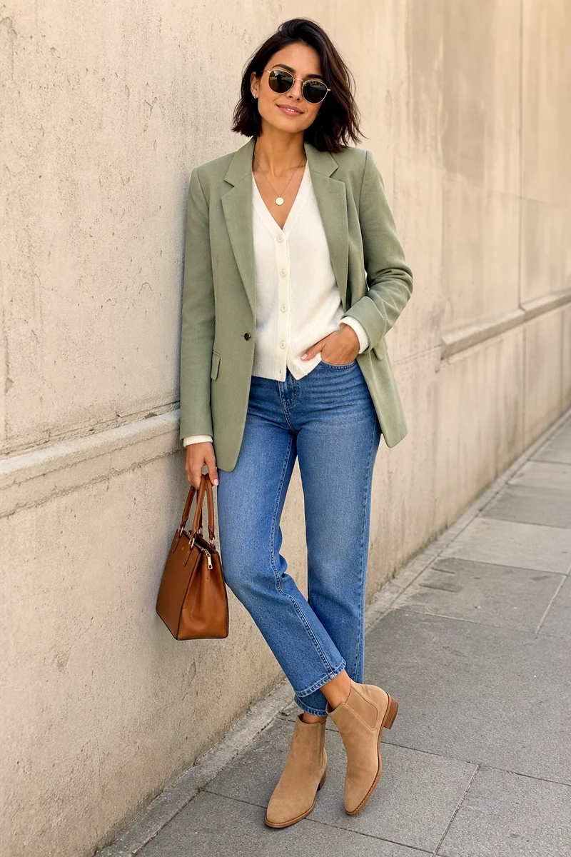 Woman wearing a white cardigan, sage green blazer, cropped blue jeans, tan Chelsea boots, a brown handbag, and sunglasses.