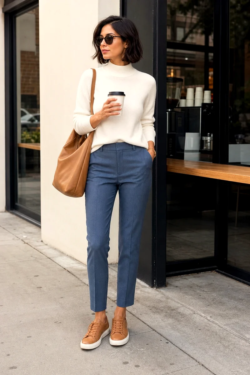 Woman wearing a white mock-neck sweater with blue ankle-length cigarette trousers, tan leather sneakers, a tan hobo bag, and sunglasses.